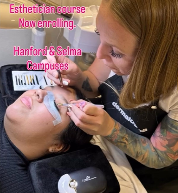 A student at the Hanford and Selma campuses practices intricate eyelash extension application, demonstrating the detailed technical proficiency and personal service skills taught at Lawrence & Company College of Cosmetology